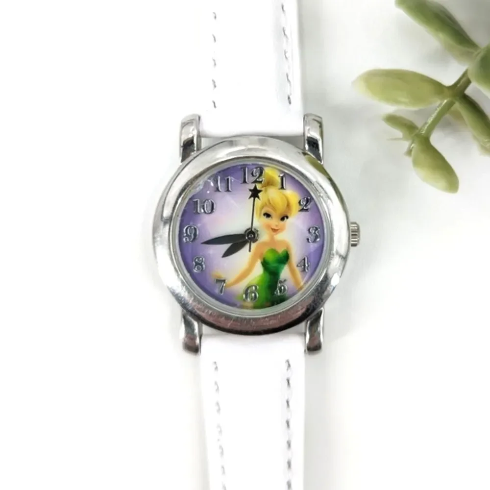 Disney Tinkerbell Fairy Watch Silver Purple New White Leather Band-Runs!!